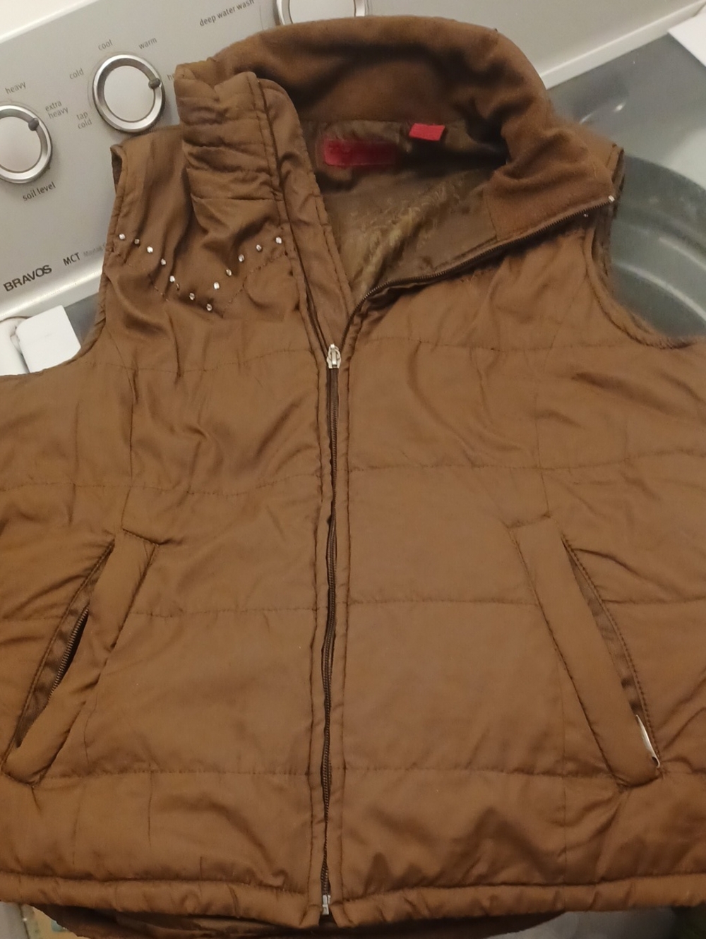 Women's Quilted Brown Puffer Vest with Stand Collar